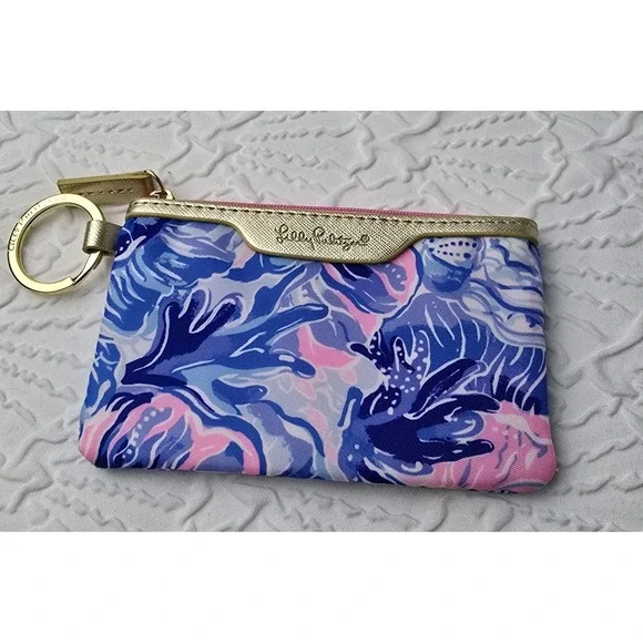 Lilly Pulitzer ID Case Wallet Womens Blue Pink Floral Gold Key Ring Zippered