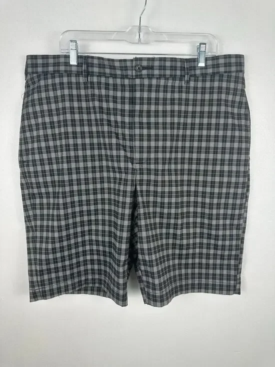 Greg Norman Men's Plaid Golf performance Shorts Grey Black Check Size 40