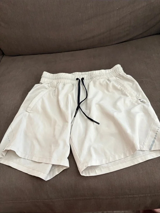 Light Beige Athletic Shorts with Black Drawstring