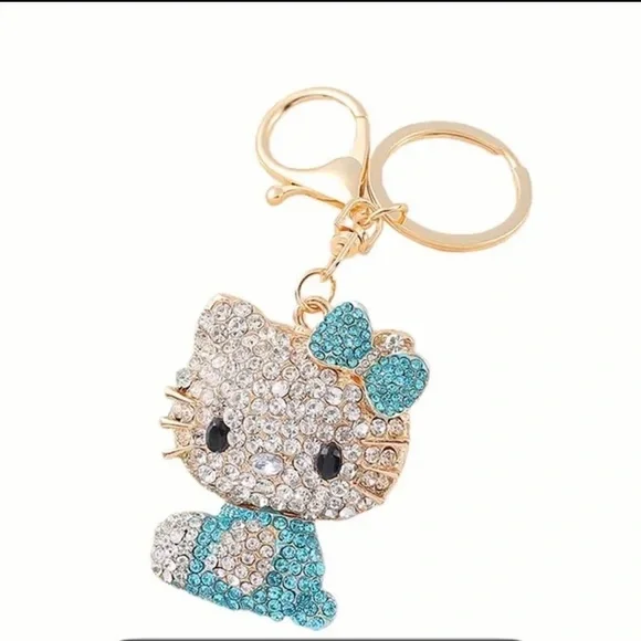 Sanrio Hello Kitty Keyring/Bag Charm Teal Sparkling Rhinestones Golden Tone