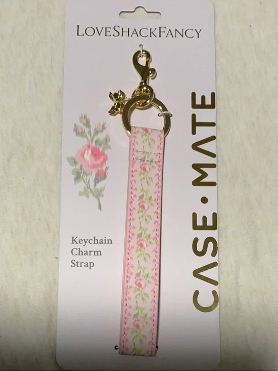LoveShackFancy Pink Floral Keychain Strap with Gold Hardware Charm