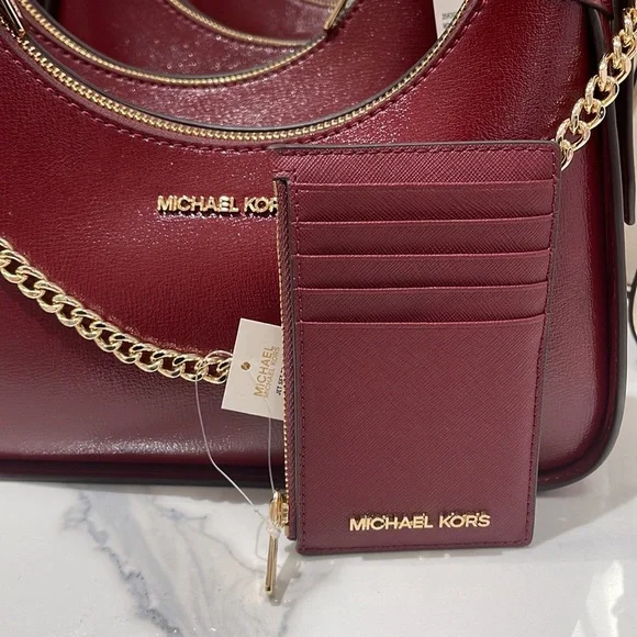 MICHAEL KORS Jet Set Travel Medium Top Zip Leather Card Case Wallet  Dark Cherry