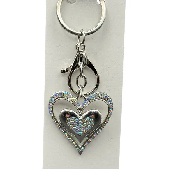 Silver Tone Rhinestone Double Heart‎ Keychain Bag Charm AB Crystal Sparkle