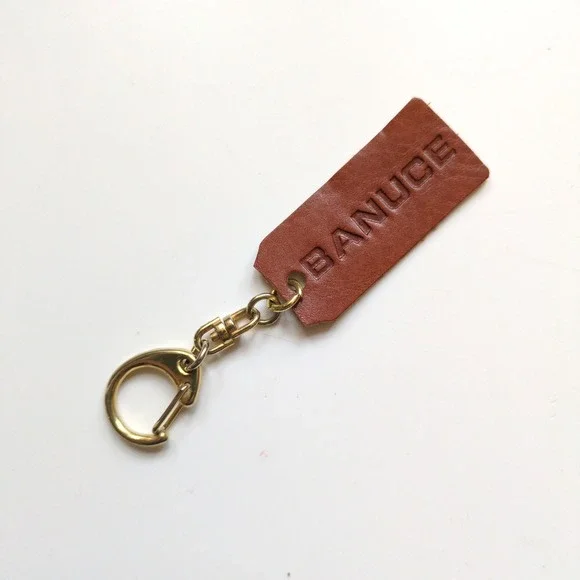 Banuce Purse Bag Hang Tag Charm Keychain Brown Leather Gold Tone‎ Swivel Clasp