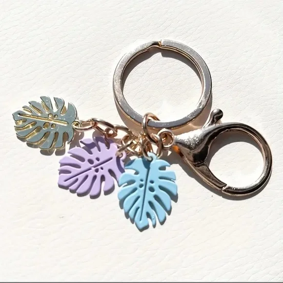 Gold Purple Blue Pastel Tropical Leaf Keychain Bag Charm