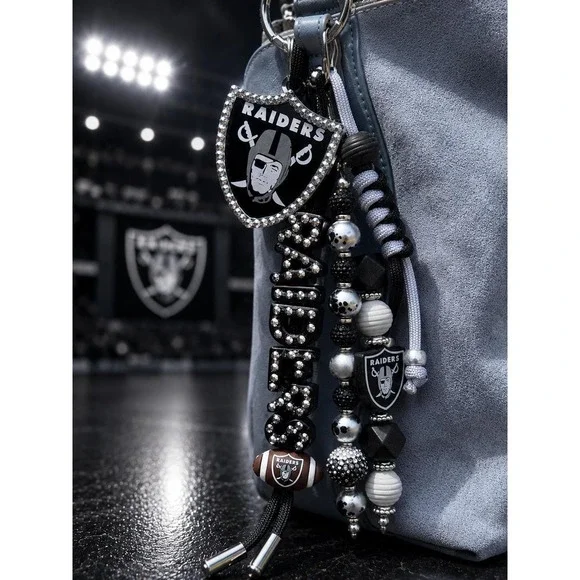 Raiders Purse Charm | Black & Silver Football Keychain