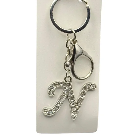 Silver Tone Rhinestone Initial Letter N‎ Keychain Monogram Bag Charm Sparkly