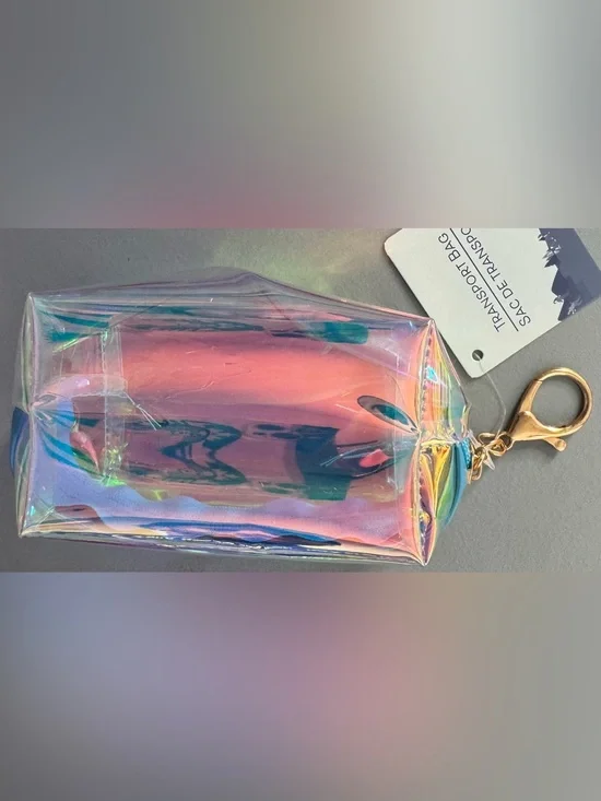 Iridescent Holographic Keychain Pouch - Pink/Blue zippered bag charm