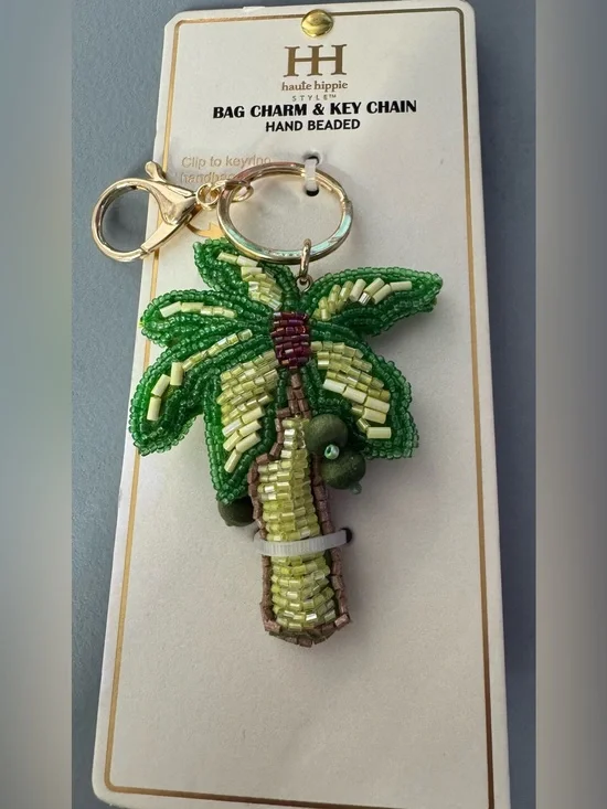 Haute Hippie Beaded Palm Tree Key Charm in Green and Yellow with Gold Hardware