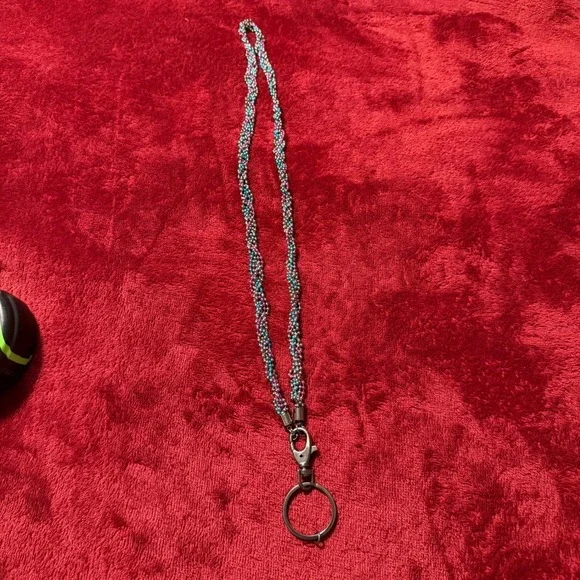 Beaded Lanyard ID Badge Holder Teal‎ Pink Silver Twisted Rope Keychain
