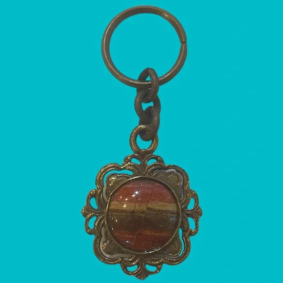ORANGE COLORED STONE BROWN‎ CIRCLE METAL  KEYCHAIN
