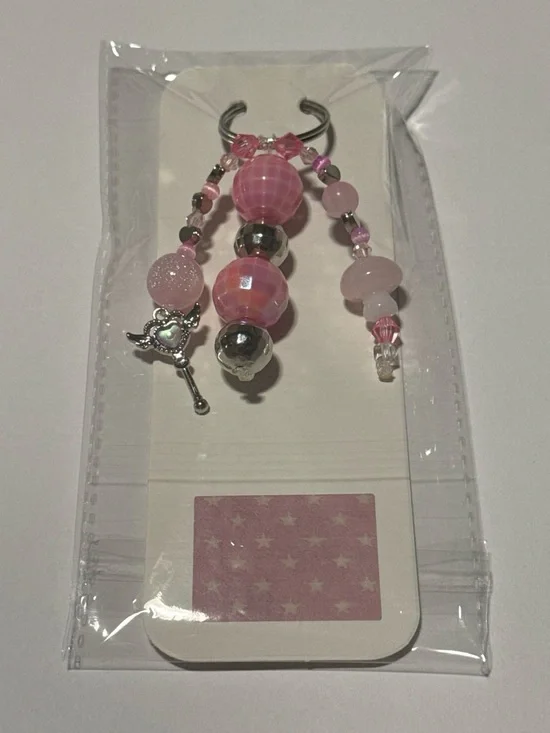 Pink Beaded Keychain Charm with Silver Accents