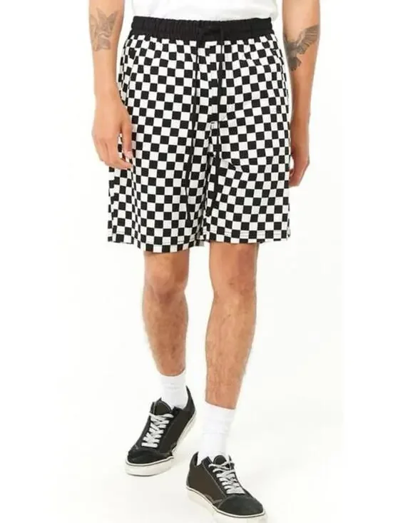 Forever 21 Men’s  Black & White Cotton Regular Fit Checkered Drawstring Shorts L