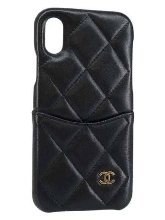 CHANEL Matelasse iPhone Case Lamb Skin Black CC Auth 145550