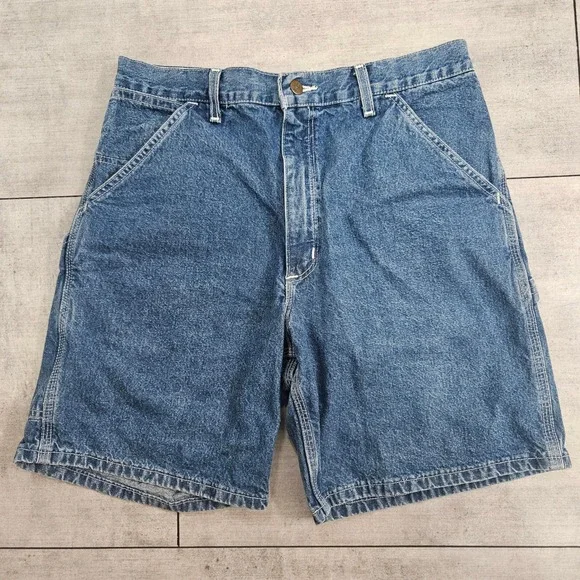 Vintage Carhartt B28 DST Mens Blue Denim Carpenter Shorts Hammer Loop Size 34
