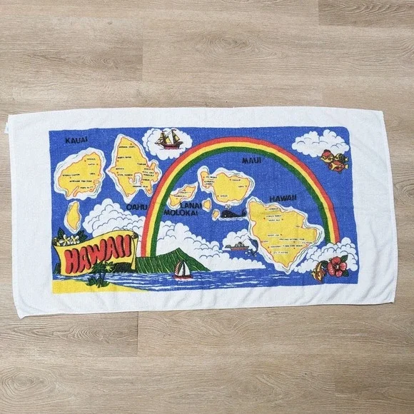 Vintage 80s Hawaii Beach Towel Tropical Island Souvenir Rainbow Graphic Map