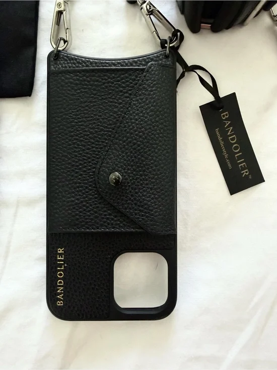 Bandolier Black Leather Phone Crossbody with 2 straps