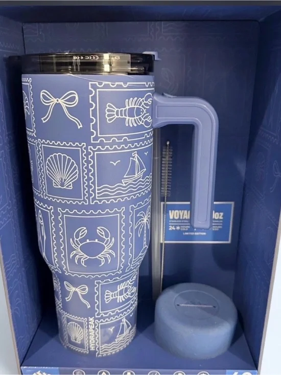 Hydro Flask Style Blue Nautical Travel Mug with Handle