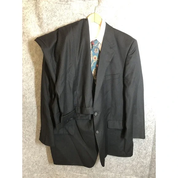 Henry Grethel Design Suit Mens 44R Black Pinstripe 2 Piece 2 Button Pleated