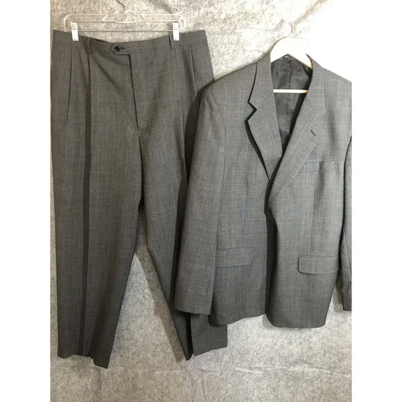 Gerald Austin Suit Gray Check 46R Wool Blazer Sport Coat  36 Trouser Business