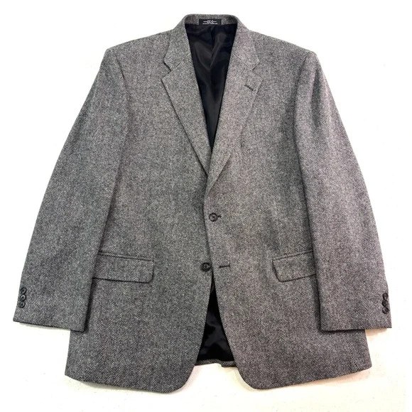 vtg Herringbone Tweed black white 46L lambswool blazer jacket sport suit‎ coat