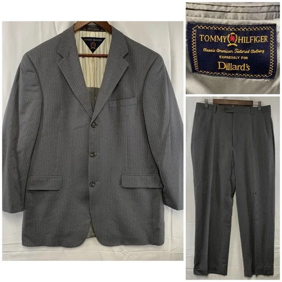 Tommy Hilfiger 2Pc Gray‎ Pinstripe Wool Suit Mens 41R / 34 x 30 Jacket Pants