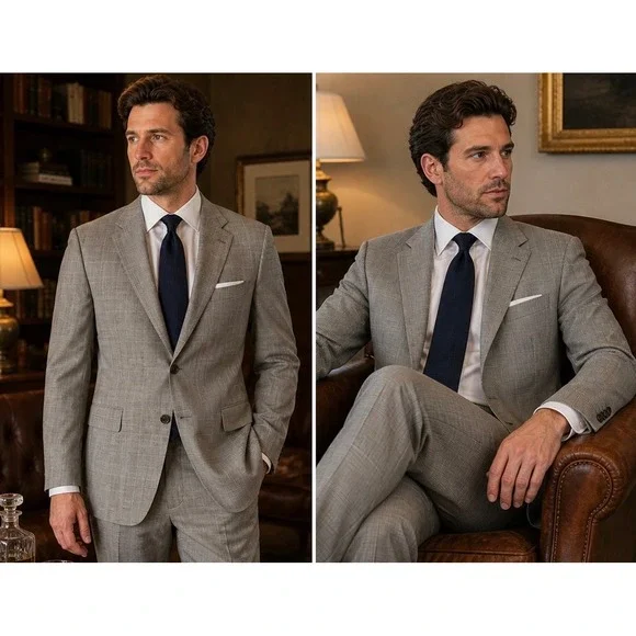 Hickey Freeman Barneys New York Wool‎ Silk Suit 2 Pc Gray Glen Plaid 44R Custom