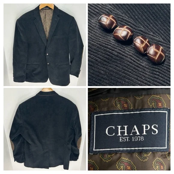 CHAPS Black Corduroy Blazer Size 44R Elbow‎ Patches Paisley Lined Sport Coat