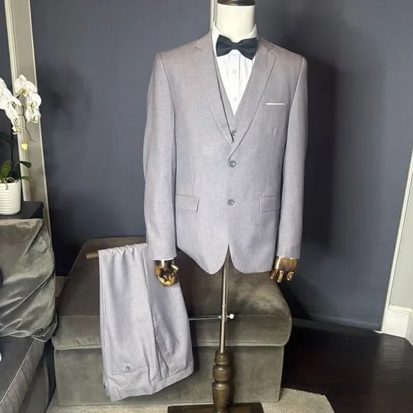 Men’s Gray Slim Fit 3 Piece Formal Suit Notched Lapel 40 Jacket 36 Pants NEW