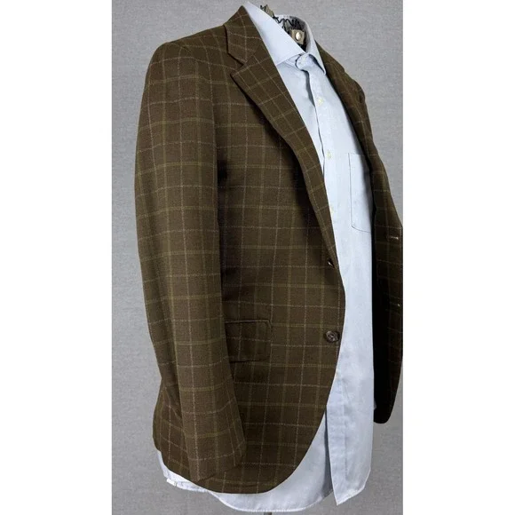 Vintage 60s Bespoke Brown Windowpane Check Sport Coat Blazer 36R ACWA Union Tag