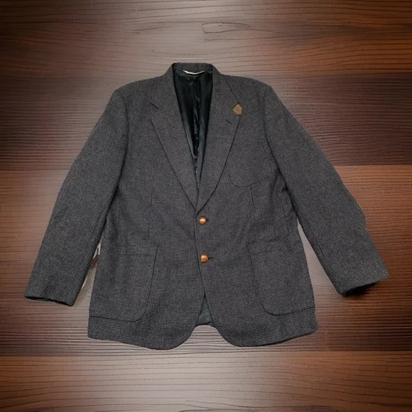 VTG Stafford Country Blazer Mens 46L Charcoal Wool Flecked Tweed Elbow Patch USA