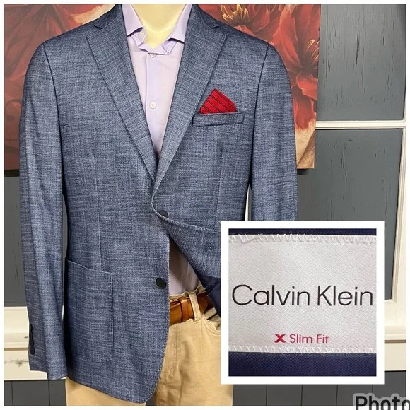 Calvin Klein Blazer Sport Coat Mens 44R Slim Fit Polyester Blend Stretch Blue