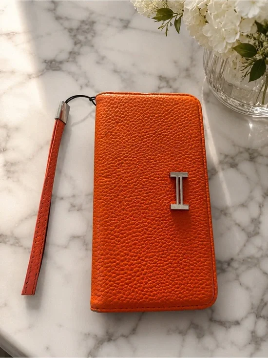 Hermes Orange Pebbled Leather Phone Case with Wrist Strap
