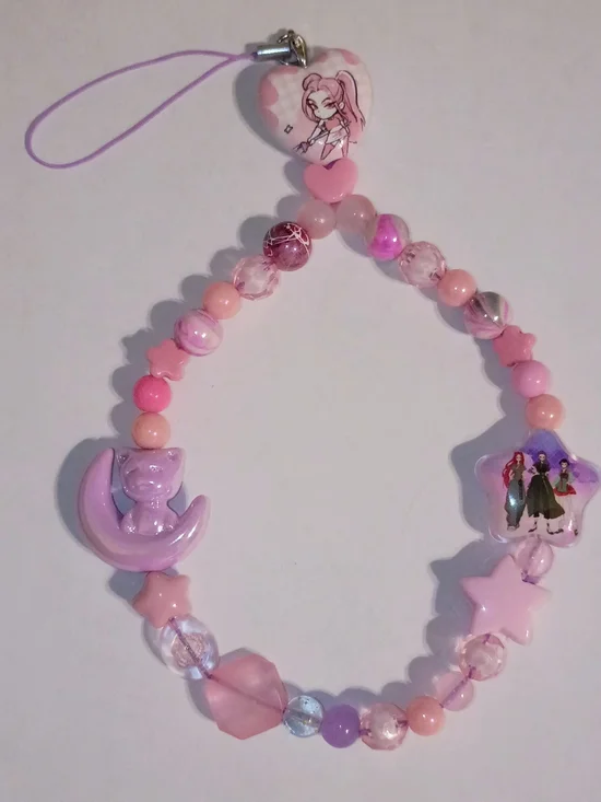 Pink Purple Demon Hunters Beaded Phone Charm - Cute Moon Cat & Star Design Kpop