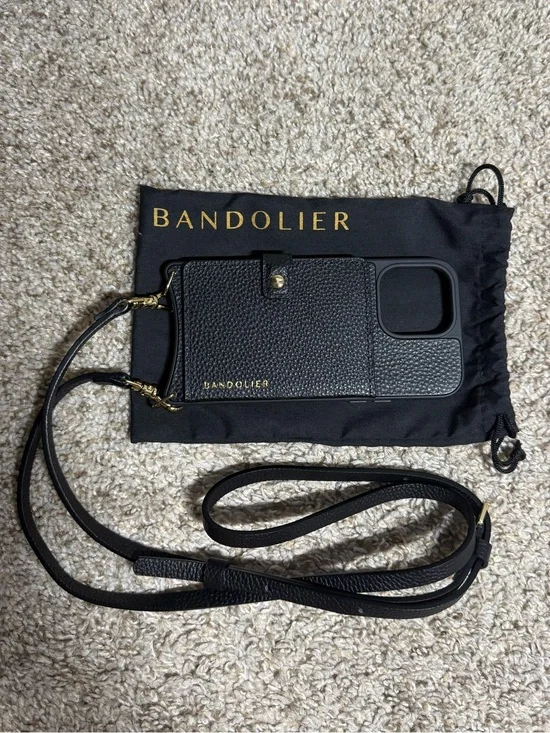 Bandolier Black Pebble Leather Crossbody iPhone 15 Pro Max Case Wallet + Strap