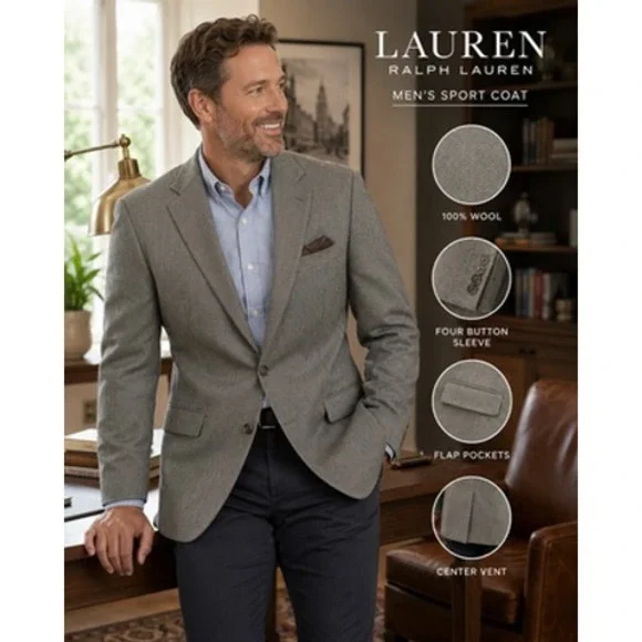 Lauren Ralph Lauren Blazer Mens 44R Gray Wool Herringbone Tweed Sport Coat
