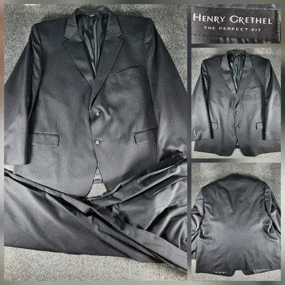 Henry Grethel 2 Piece Suit Mens 54L Pants 53X28 Navy Pin‎ Stripe Wool Blend