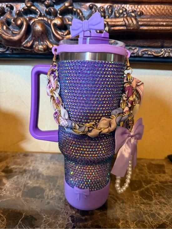 Lavender Rhinestone Embellished Travel Tumbler with Decorative Chain