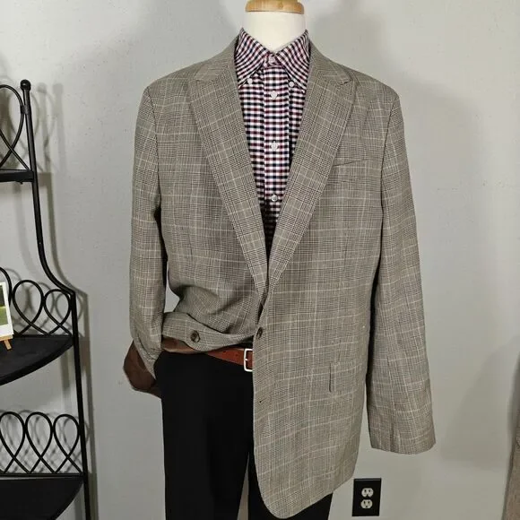 Stafford Men's Luxury Sport Coat Unstructured‎ Brown Plaid Wool Blend Peak 48L