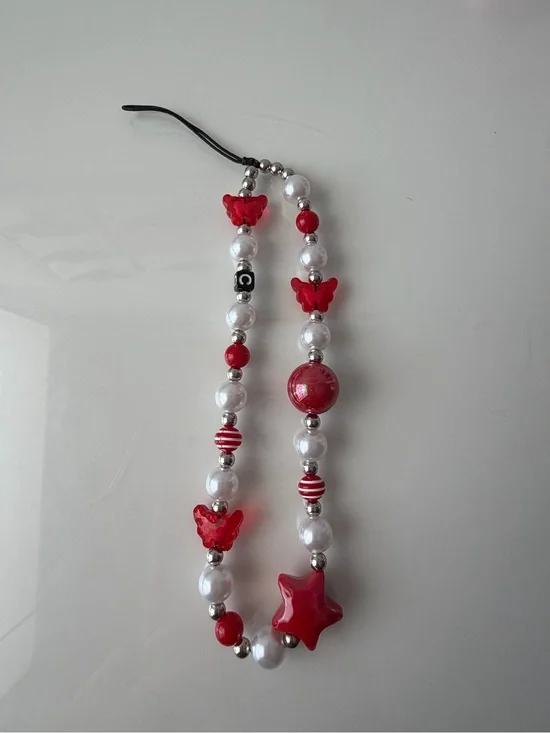 Red & White Beaded Charm Phone Strap