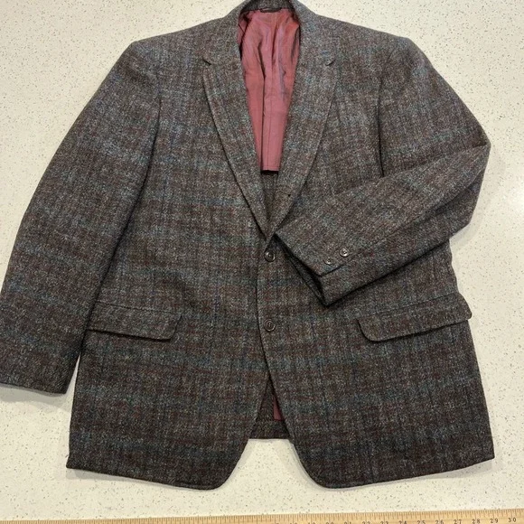 Vintage Harris Tweed Plaid Multicolor  Gray Wool Blazer Sport Coat 44R