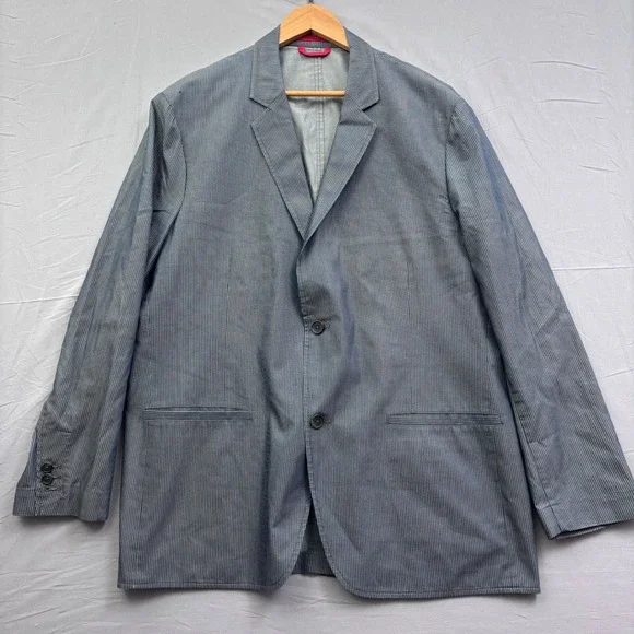 Alfani Mens XL Blue Pinstripe Two Button Blazer Cotton Blend Stretch Jacket