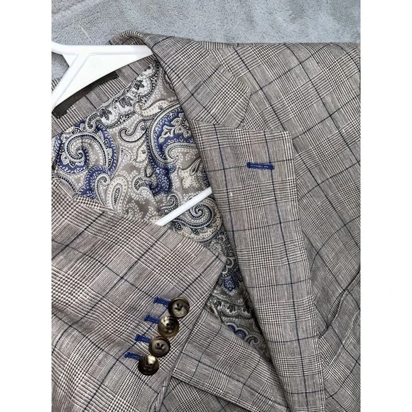 J Hilburn Sport Coat Mens Size 41rR Brown Plaid  Linen Hemp Two Button Blazer