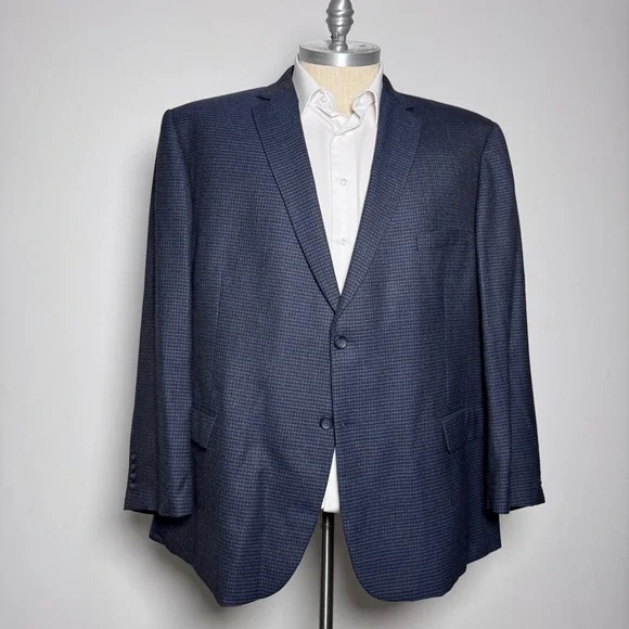 Pronto‎ Uomo Platinum Blazer Mens 56R Navy Blue Micro-Check 100% Wool Two-Button