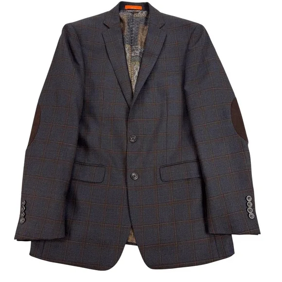 Tallia Blazer Mens 40L Gray Plaid 100% Wool Elbow Patch Sport Coat Jacket Office