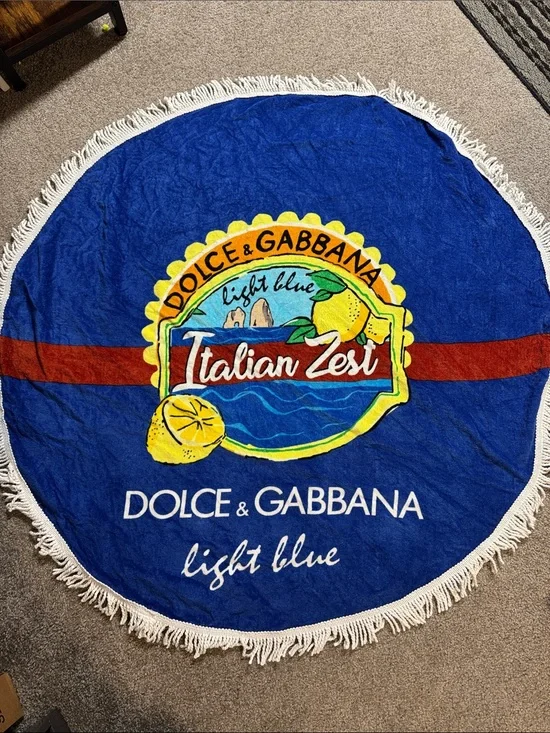 Dolce & Gabbana Blue Round 'Italian Zest' Beach Towel with Yellow Accents