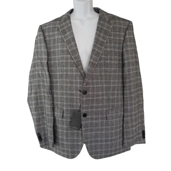Hugo Boss Sport Coat Mens 44R Gray Plaid Cotton Linen James 4 Blazer 2 Button