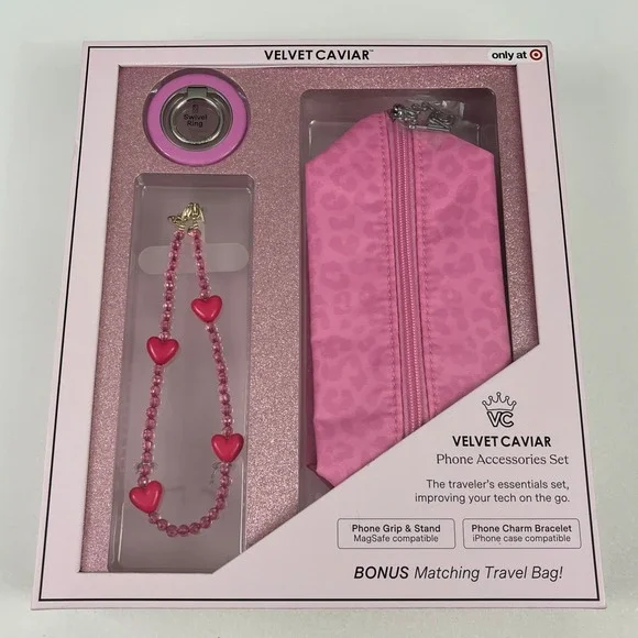 VELVET CAVIAR Phone Accessories Set Travel Bag + Grip + Bracelet - Pink Leopard