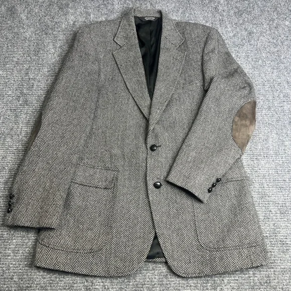 Vintage John Alexander Foleys Herringbone Wool Blazer Gray Elbow Patches USA 41R