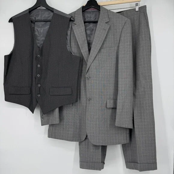 Steve Harvey Grey Glen Plaid 3-Piece Suit Mens 40R Jacket 34W Pants Vest